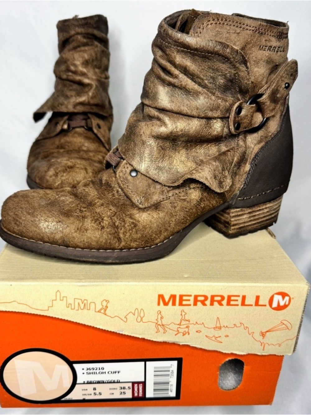 Merrell Distressed Brown Slouch Ankle Booties with Buckle